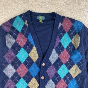 90s Club Room Navy Blue Argyle V-Neck Cardigan 100% Pure Shetland Wool Size M